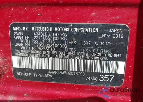 2017 Mitsubishi Outlander Sport 2.4 Se z USA, uszkodzony, nr VIN JA4AR3AW7HZ016793